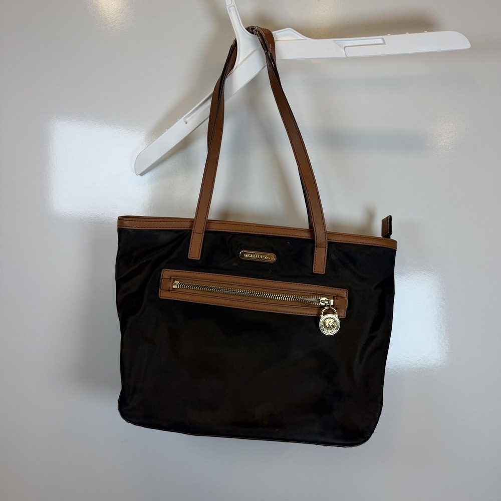 Michael Kors Tote Bag Womens Medium Black Nylon Leather Brown‎ Trim Zip Pockets